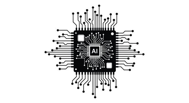 Microchip With Circuitry And Artificial Intelligence Label Black Silhouette chip