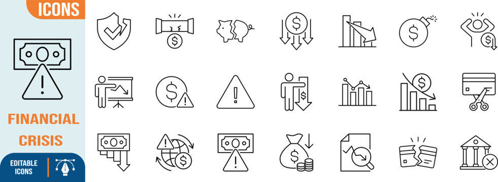 Financial crisis and recession line icons. dollar icon set, credit card icon set, piggy bank icon set