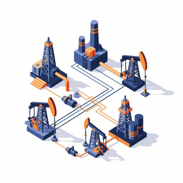 Isometric Oil Drilling Rig and Refinery Complex Illustration.