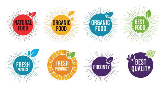 Colorful natural and organic food labels with sunburst lines and green leaves are arranged in two rows on white.
