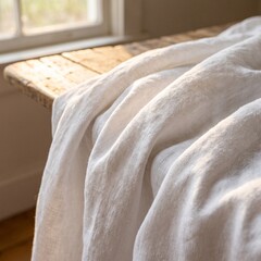 Fototapeta premium Soft White Linen Fabric Folds Warm Sunlight Textile Texture