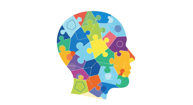 Colorful puzzle pieces forming a human head profile