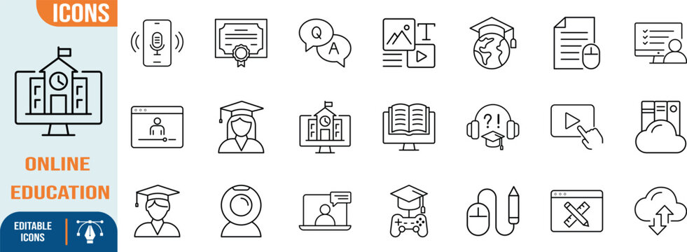 Online education e-learning vector icons. student icon set, school icon set, certificate icon set
