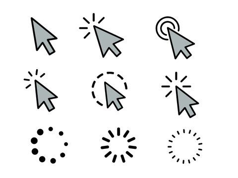 Hand drawn cursor click icons and loading spinner set