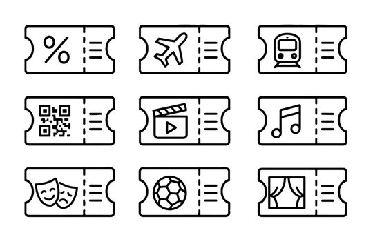 Set of event and entertainment ticket outline icons