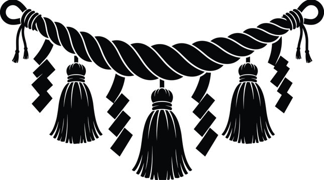 Traditional Japanese Shimenawa Sacred Rope Vector Illustration with Shide Paper Streamers and Tassels - Shinto Shrine Ritual Decoration Silhouette for Cultural Designs and New Year Art