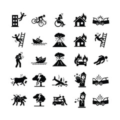 Obraz premium Black silhouette icons depicting various disaster and accident symbols on white background
