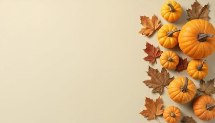 Fototapeta premium Autumn border with orange pumpkins and dry maple leaves on beige background with copy space.