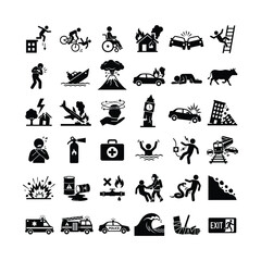 Obraz premium Black and white icons of various emergency situations and disasters on white background