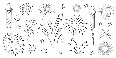 Fototapeta premium fireworks sparklers hand drawn black and white line art celebration festival explosion stars party event illustration vector graphic design pattern decoration