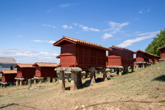 Group of traditional Galician horreos, historic stone and wooden granaries built on stilts for grain storage, in the village of A Merca, Ourense, Galicia, Spain.