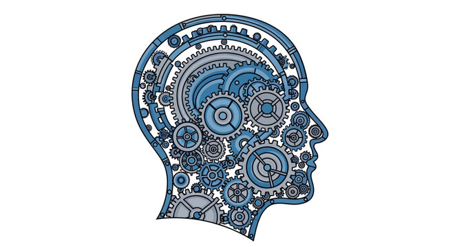 Blue mechanical human head with gears and cogs inside