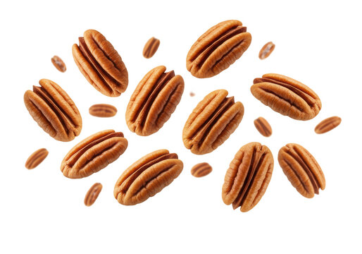 Multiple fresh, raw, whole golden-brown pecans with intricate natural texture, falling dynamically in mid-air against a transparent studio background with copy space, concept of healthy food