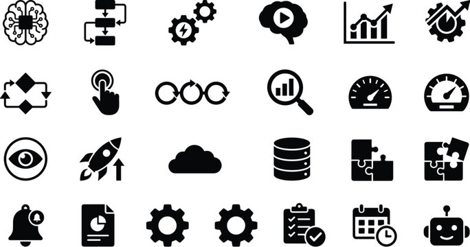 Set of black business and technology icons including brain gears rocket cloud and data symbols for web design development and digital marketing projects