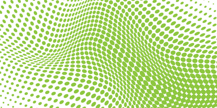 Abstract white background with green halftone dots forming a smooth, wavy distortion pattern with fluid motion.