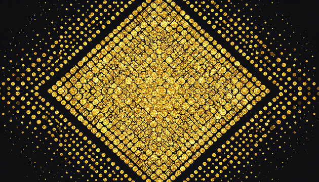 Abstract geometric pattern of golden glitter particles forming a diamond shape against a dark background, luxury texture