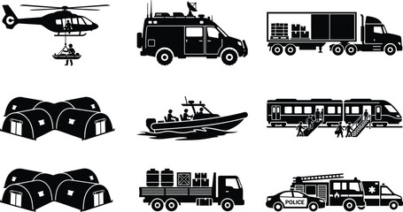 Emergency Response and Disaster Relief Silhouette Icon Set with Rescue Vehicles and Equipment © Hello World