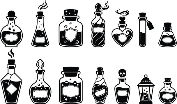 Potion bottle icons set magic elixir and poison flasks in flat black style