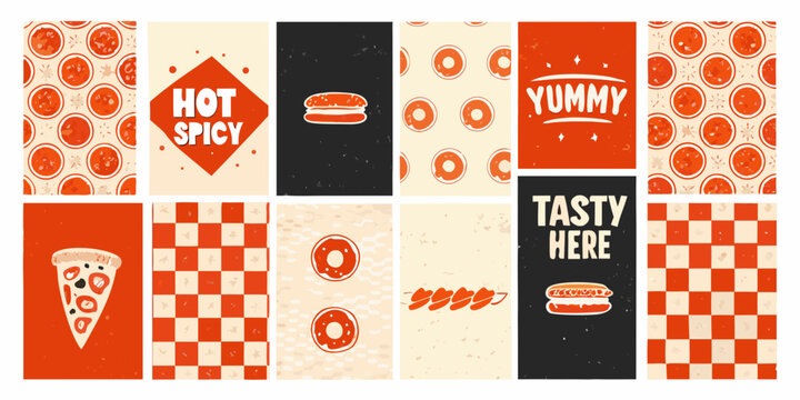 retro fast food pattern grid featuring pizza burgers donuts and checkered designs burger donut illustration vector orange red black white background