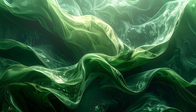 Abstract flowing green waves with small glowing particles, fluid texture resembling ocean currents or digital landscapes, atmospheric and ethereal motion