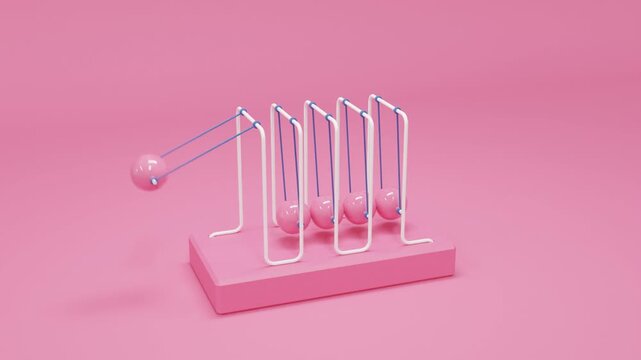 Abstract 3D background showing a metallic pendulum with five spheres moving rhythmically on a pink backdrop, creating a sense of motion, symmetry, and minimalist kinetic energy
