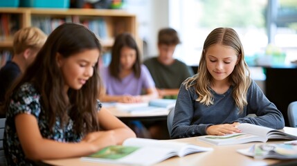 Obraz premium Young students are focused on reading books at desks in a bright classroom setting with natural lighting