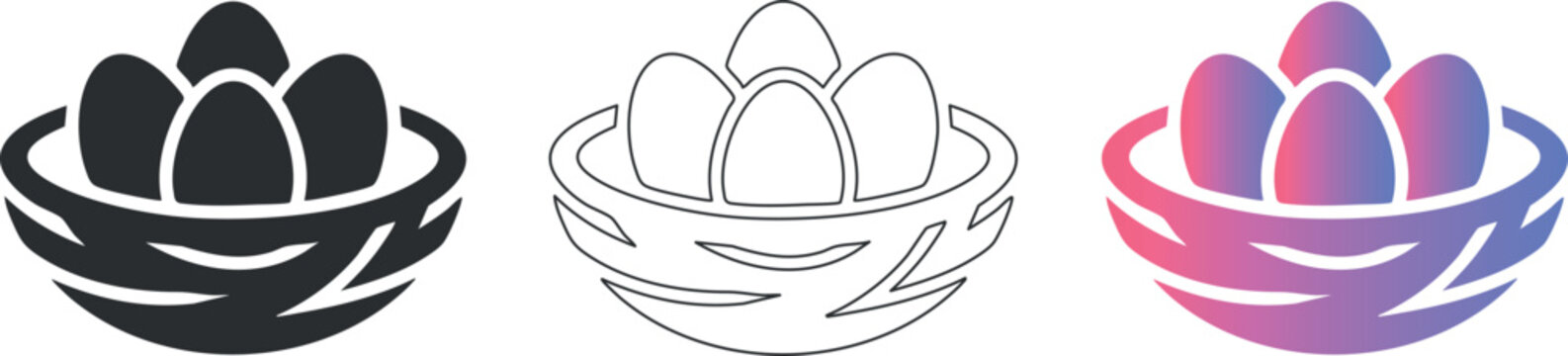 Stylized bird nest with eggs: black, outline, and gradient versions