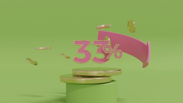 Abstract 3D Financial Success Background with Pink Arrow and Silver Coins Rotating Around 35 Percent Symbol Above Green Surface and Podium Economic Growth Investment and Business Concept Render
