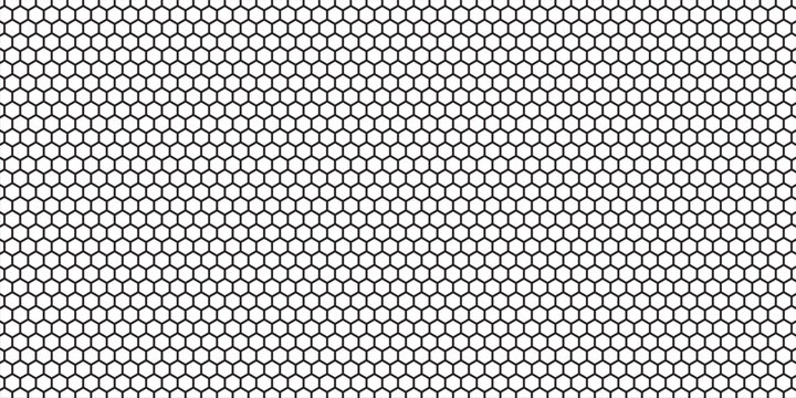 Abstract black background with white geometric honeycomb hexagon grid pattern forming a seamless mesh texture.