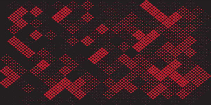 Abstract dark background with red geometric pixelated halftone dot patterns in a digital matrix style.