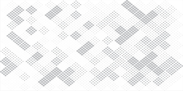Abstract white background with light gray geometric pixelated halftone dot patterns in a digital matrix style.