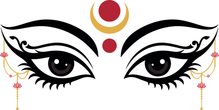 Goddess Maa Durga Eyes Vector Illustration with Red Bindi Third Eye and Golden Lotus Ornaments Isolated on White for Navratri Festival Graphic Designs