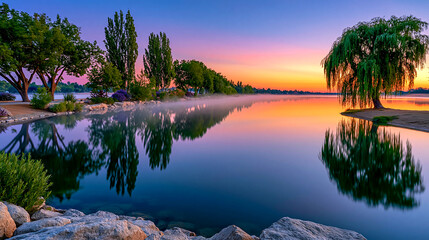 Obraz premium Serene lake at sunrise with weeping willow tree reflecting in calm water and colorful sky