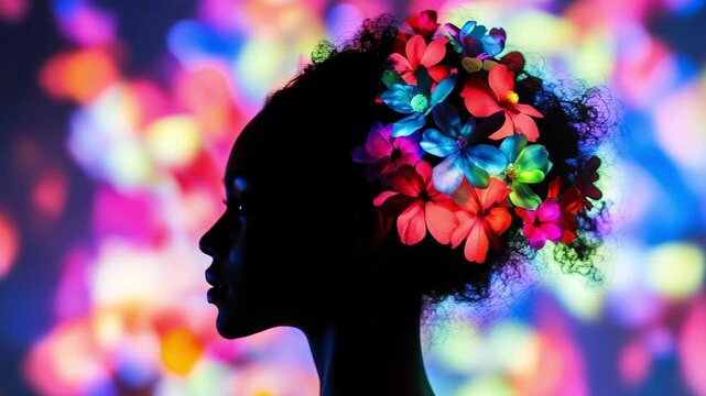 Dark woman profile silhouette with colorful flowers in hair against rainbow bokeh, creative feminine beauty, blooming mind art.