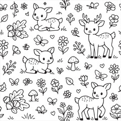 Obraz premium Kawaii Cute Deer Fawn and Forest Flower Doodle Seamless Pattern