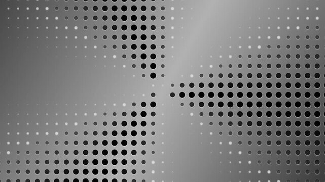Halftone pattern background with black dots on silver gradient, industrial metallic texture with pop art circles, abstract geometric motion graphic