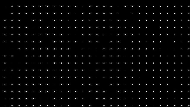 Minimalist digital grid of white dots on black background, flickering led light pattern, abstract data visualization loop for technology overlay