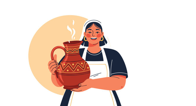 Friendly woman in an apron proudly holds a large traditional terracotta clay pitcher with steam rising from it.