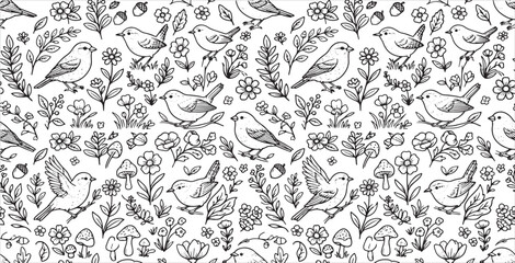 Cute Little Birds and Spring Wildflower Line Art Seamless Pattern © Taslima