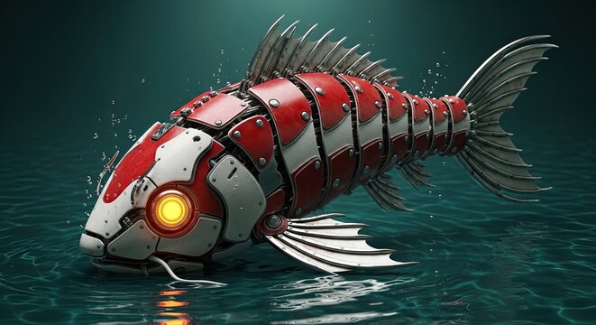 Robotic armored fish jumping from dark water.