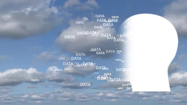 Abstract animation of a white human head silhouette with drifting digital data against a dramatic cloud sky. Represents artificial intelligence, cloud computing, digital transformation, innovation