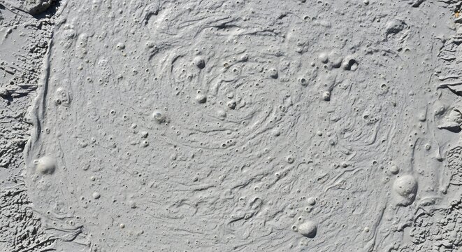 Top view of natural mud texture with bubbles and swirling patterns in gray earth tones