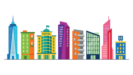 Obraz premium Modern urban skyline, flat vector, office and residential buildings, simple architectural icons, minimal style, isolated on white background.