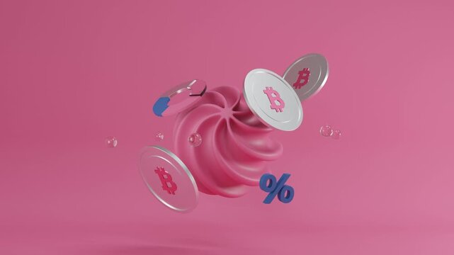 Abstract 3D animation of a rotating silver Bitcoins with intricate geometric elements on a sleek pink background. Cryptocurrency investment and digital finance concept for fintech presentations