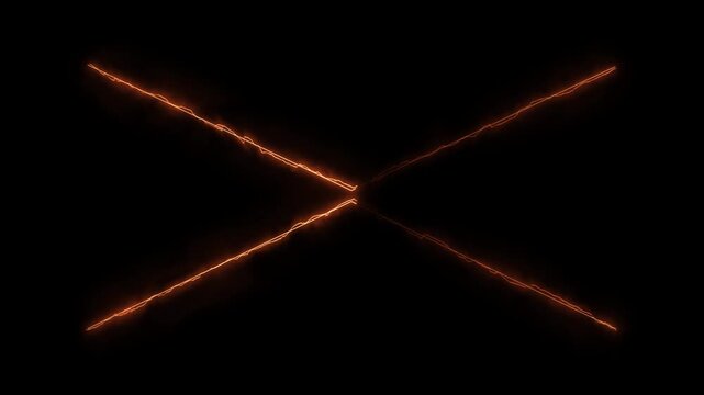 Minimalist neon x shape with orange electric pulses on black background features glowing laser lines flickering in dark space for motion graphics.