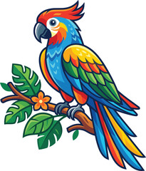 Obraz premium Colorful cartoon parrot vector illustration perched on a tree branch with tropical green leaves isolated on white background