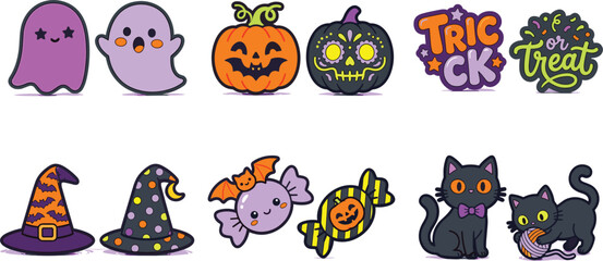Naklejka premium Cute Halloween vector sticker set with kawaii ghosts pumpkins black cats witch hats and candy characters