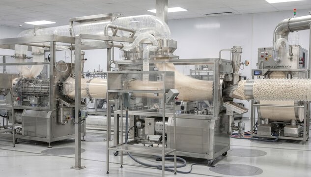 Medium shot of continuous tablet manufacturing line showing integrated blending and granulation with seamless powder flow for direct compression process in pharmaceutical