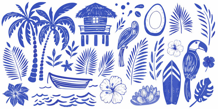 tropical plants and animals detailed illustration blue and white palm tree parrot boat surfboard flower house beach sketch style pattern design