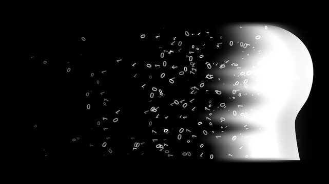 Binary Data Draining from Artificial Intelligence Human Head on Black Background